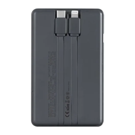 Porodo 10000mAh Slim Powerbank Built-in Type-C - Lightning Cables - Black